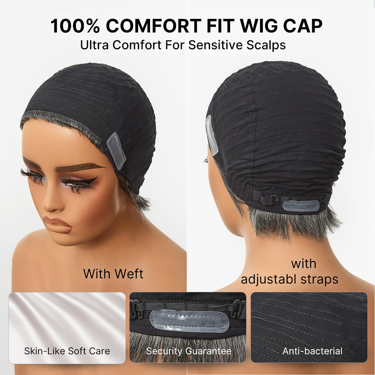 Salt & Pepper 100% Human Hair Short Pixie Cut Glueless Wig with Bangs Ultra Comfort Skin-Like Soft Care Hair Loss Friendly