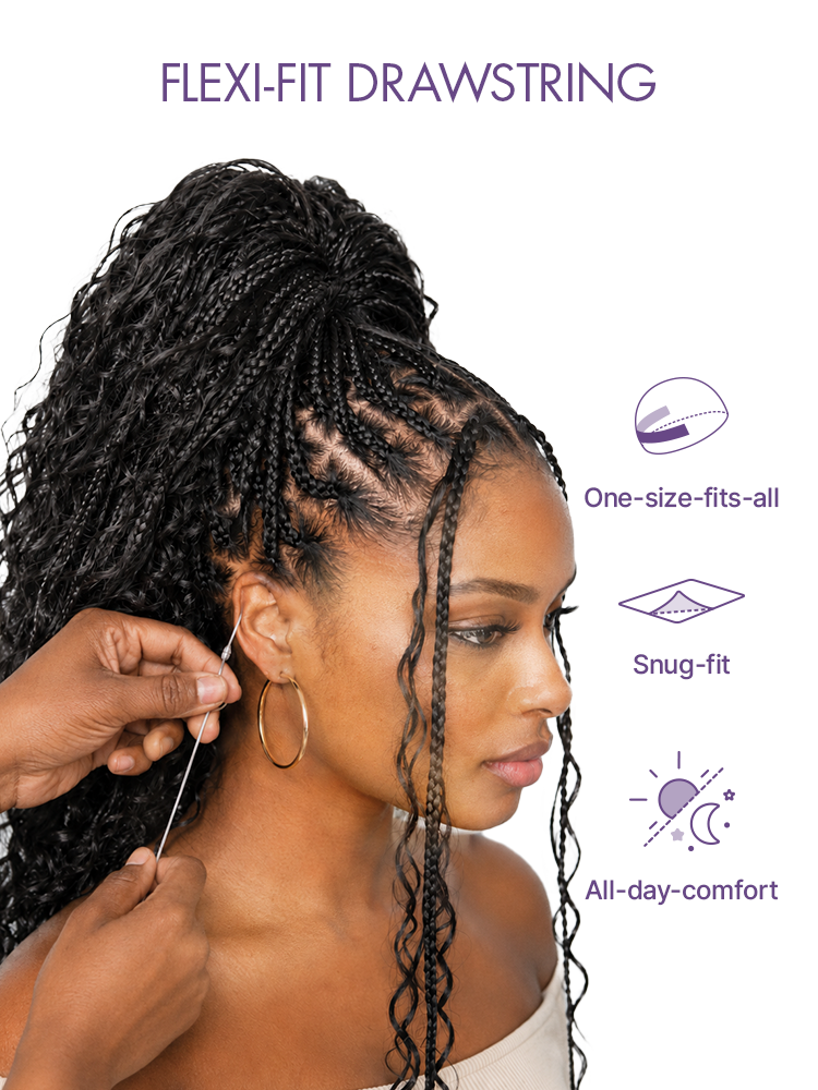 OwnScalp™ Light Weight Flexi-Fit Invisi Drawstring Cap Full Lace Knotless Boho Curls Braided Long Wig Super Natural Scalp Pre-Cut Lace