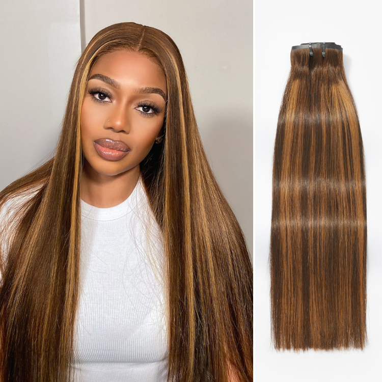 Seamless Brown Highlights Silky Straight Clip in Hair Extensions 135g 9pcs / 7pcs with Free Gift
