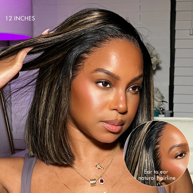 PreMax Wigs - Natural Black / Blonde Highlight C Part Glueless Lace Front Bob Wig Pre-cut Lace