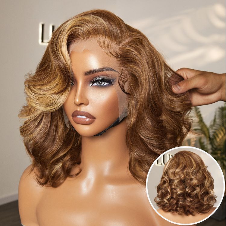 PreMax Wigs - Honey Brown with Blonde Highlights / Natural Black Bouncy Body Wave Glueless 13x4 Frontal Lace Human Hair Wig