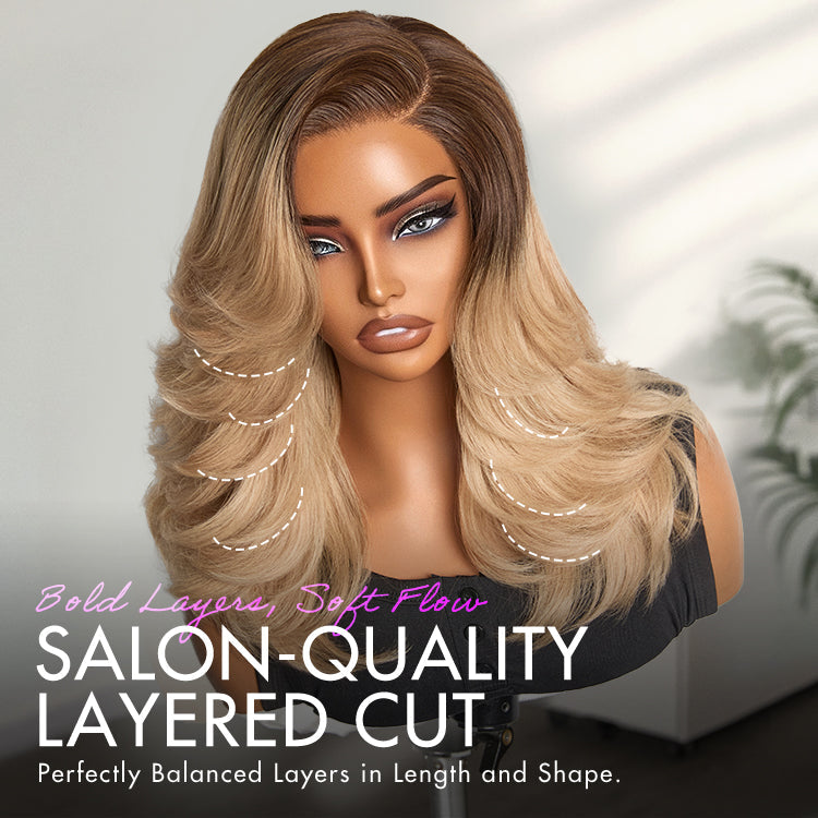 Ombre Blonde Blow Out Layered Cut Wavy Glueless HD Minimalist Lace Wig