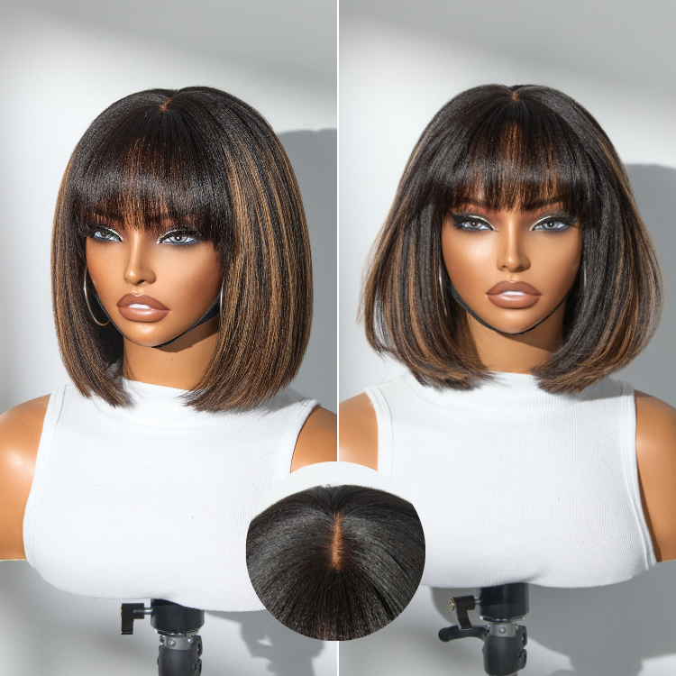 Put On and Go Brown Highlight Yaki Bob with Bangs Glueless Minimalist Lace Wig Breathable Cap