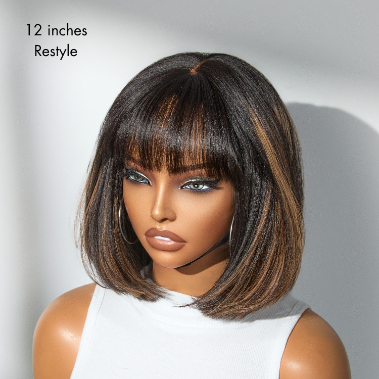 Put On and Go Brown Highlight Yaki Bob with Bangs Glueless Minimalist Lace Wig Breathable Cap