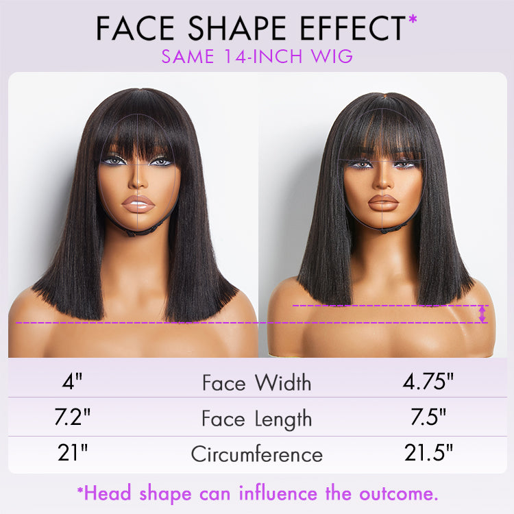 Put On and Go Brown Highlight Yaki Bob with Bangs Glueless Minimalist Lace Wig Breathable Cap
