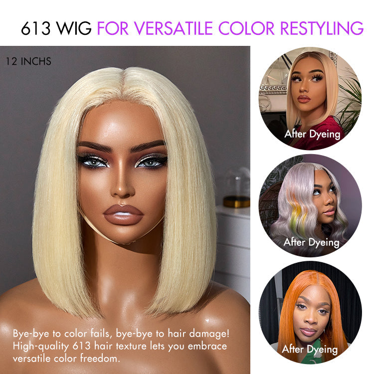 Easily Redyed 613 Blonde Blunt Cut Bob Wig Glueless Deep Middle Part 2x6 HD Lace Wig Pre-Cut Lace