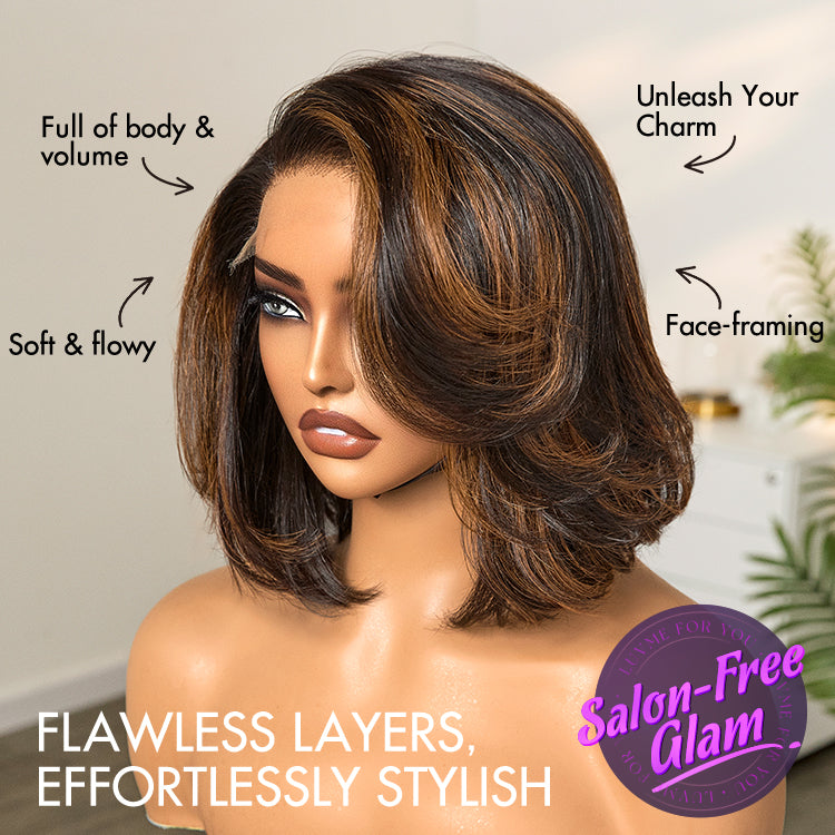Trendy Brown Highlight Layered Bob Blowout Glueless 5x5 Lace Closure Wig 100% Human Hair Pre-Cut Lace