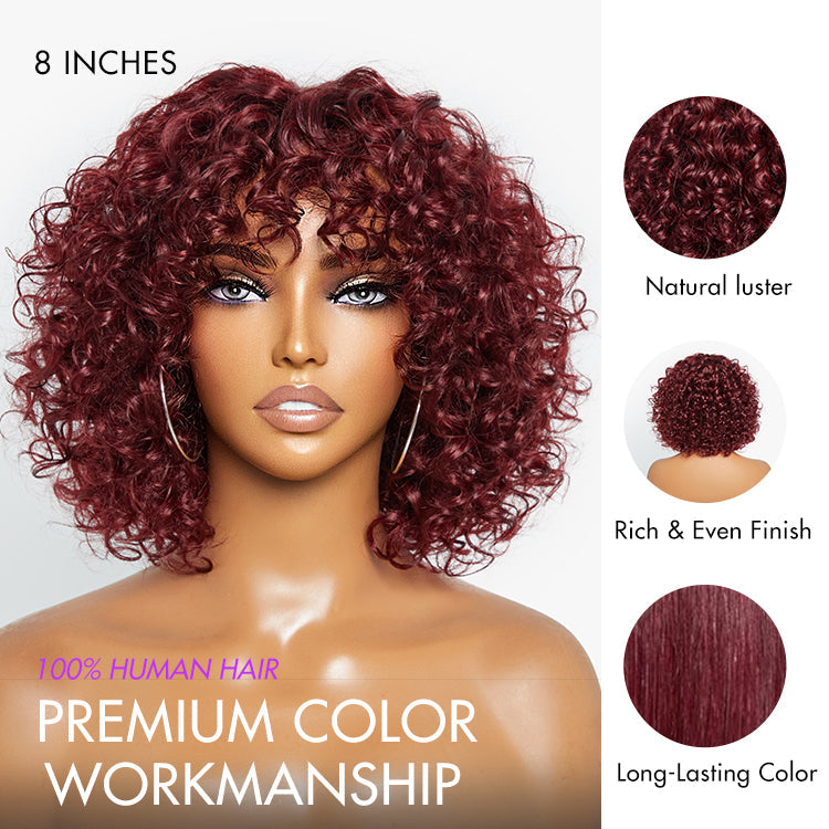 Beginner Friendly Dark Red Water Wave Glueless Minimalist Lace Curly Wig with Bangs