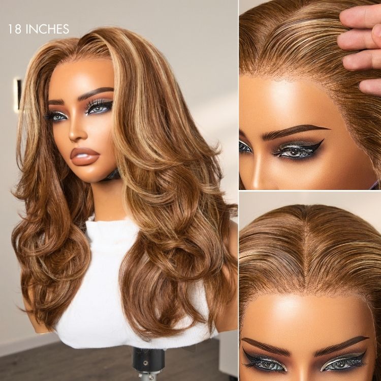 PreMax Wigs - Honey Brown with Blonde Highlights / Natural Black Bouncy Body Wave Glueless 13x4 Frontal Lace Human Hair Wig
