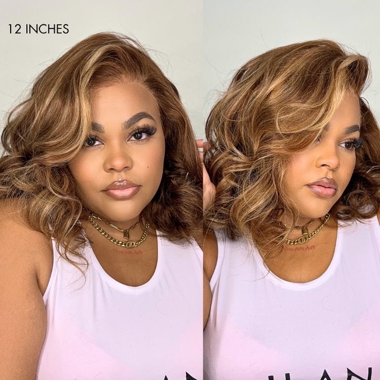 PreMax Wigs - Honey Brown with Blonde Highlights / Natural Black Bouncy Body Wave Glueless 13x4 Frontal Lace Human Hair Wig