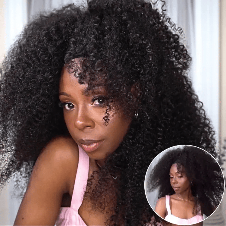Natural Black Jerry Curly No Lace Glueless Free Part Long Headband Wig 100% Human Hair (Get Free Trendy Headbands)