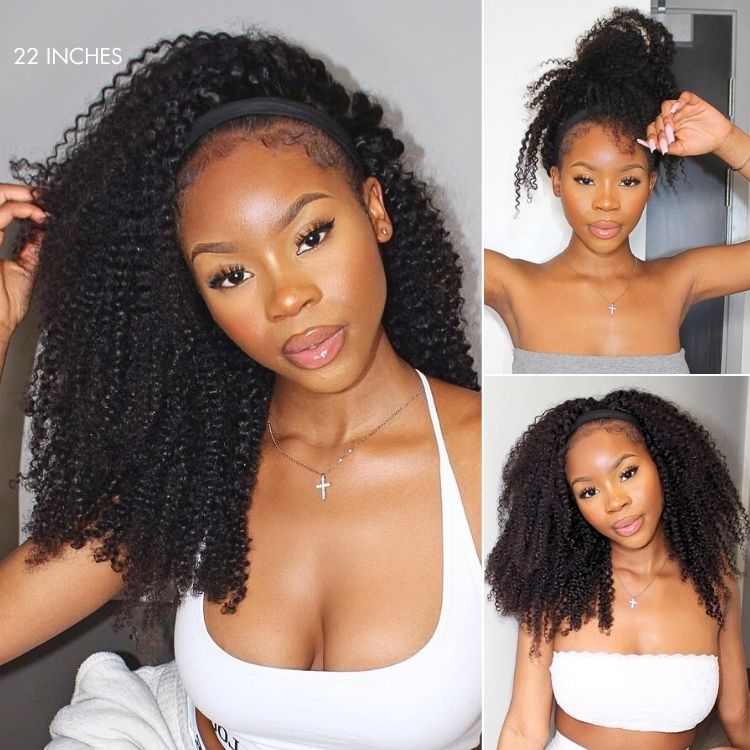 Natural Black Jerry Curly No Lace Glueless Free Part Long Headband Wig 100% Human Hair (Get Free Trendy Headbands)