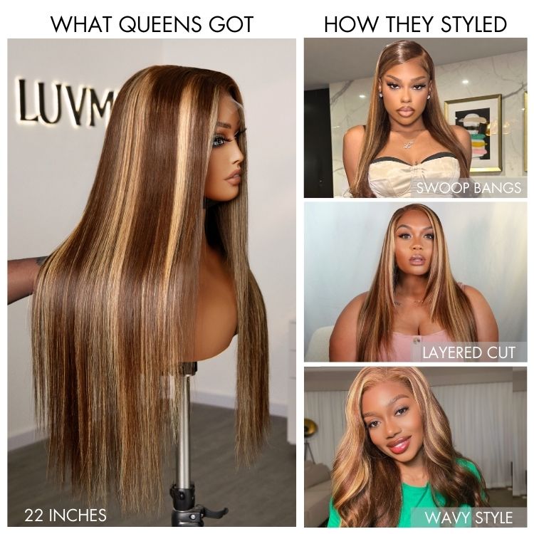 Luvme Hair 180% Density Honey Blonde Highlight Silky Straight Glueless 5x5 Closure HD Lace Long Wig