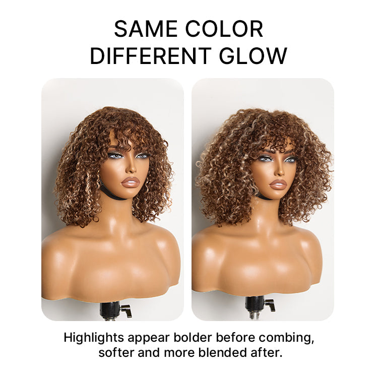 Beginner Friendly Ash Blonde Highlights Water Wave True Scalp Minimalist Lace Glueless Curly Wig with Bangs