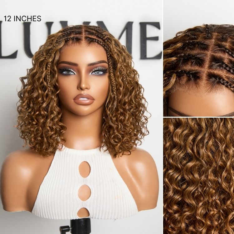 Readitress™ Ombre Brown Highlight Boho Braids Deep Curly Glueless 5x5 Closure Lace with Braided Top Human Hair Wig Pre-Cut Lace