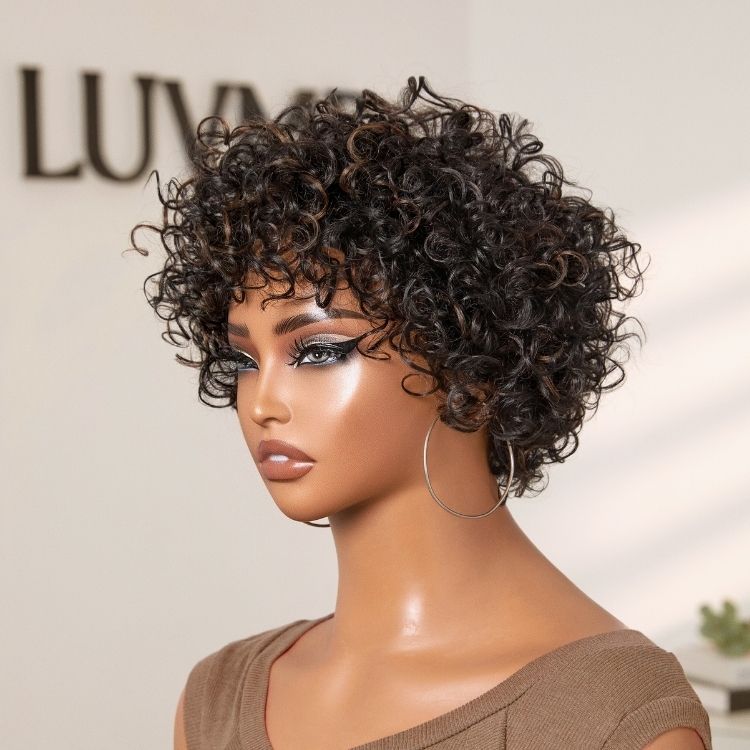 Throw On & Go Brown Highlight / Natural Black Short Bouncy Curls with Bangs Glueless Wig 100% Human Hair - US Only