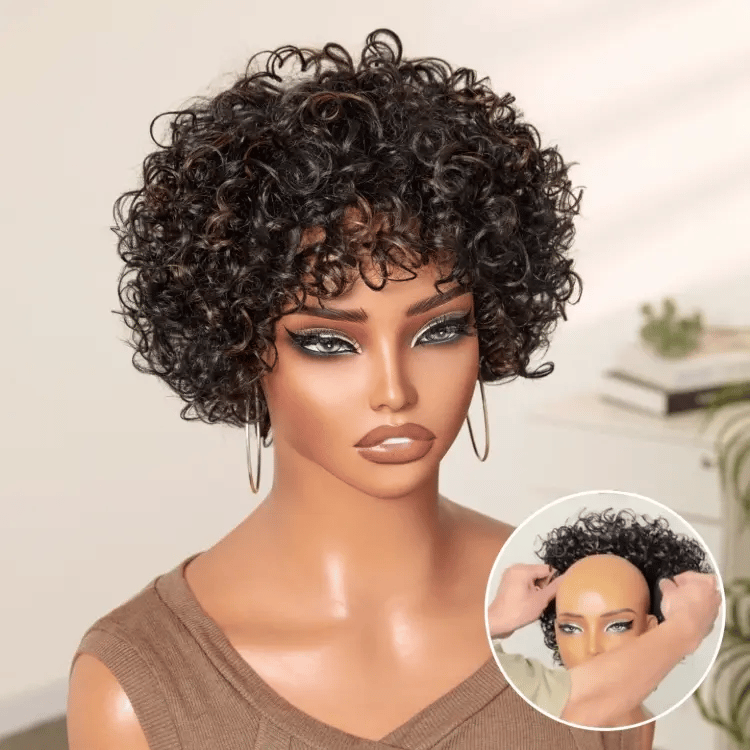 Throw On & Go Brown Highlight / Natural Black Short Bouncy Curls with Bangs Glueless Wig 100% Human Hair - US Only