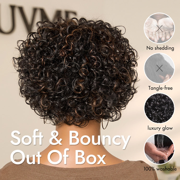 Throw On & Go Brown Highlight / Natural Black Short Bouncy Curls with Bangs Glueless Wig 100% Human Hair - US Only