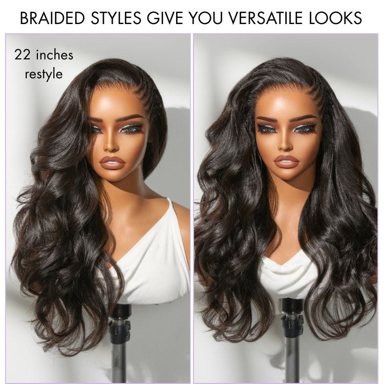 Readitress™ Side Braided Yaki Body Wave Glueless Ear-to-ear 13x6 Frontal HD Lace Wig Human Hair Flexi-Fit Drawstring Cap