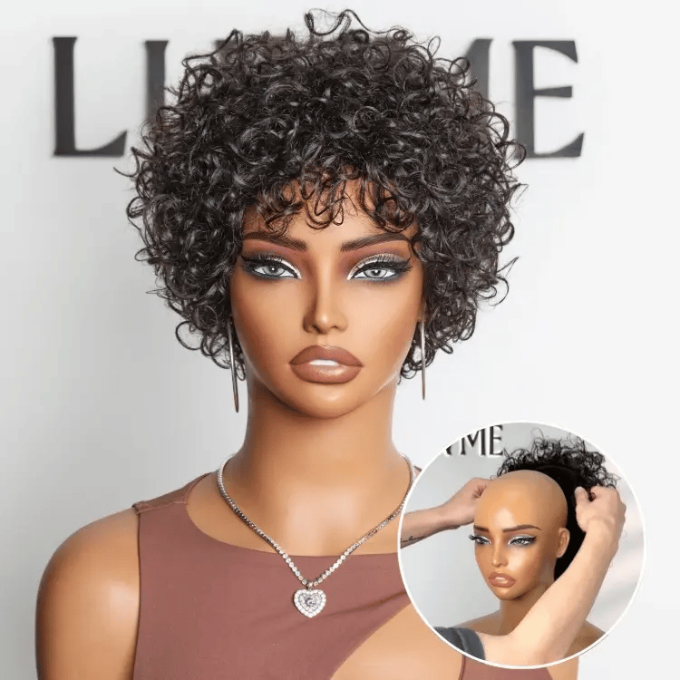 Throw On & Go Brown Highlight / Natural Black Short Bouncy Curls with Bangs Glueless Wig 100% Human Hair - US Only