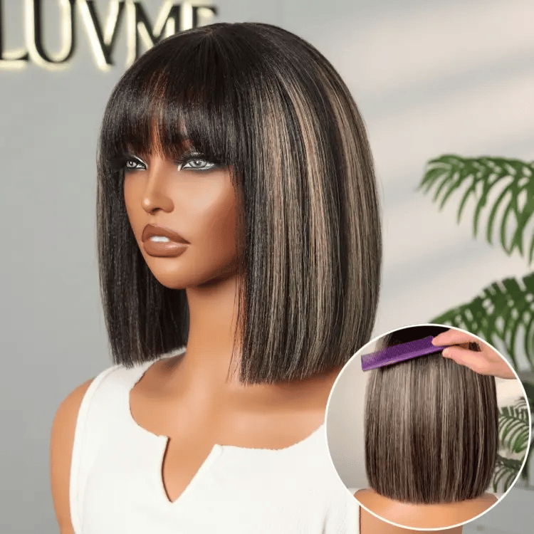 Put On and Go Blonde Highlight Yaki Straight Blunt Cut Bob Glueless Minimalist Lace Short Wig with Bangs