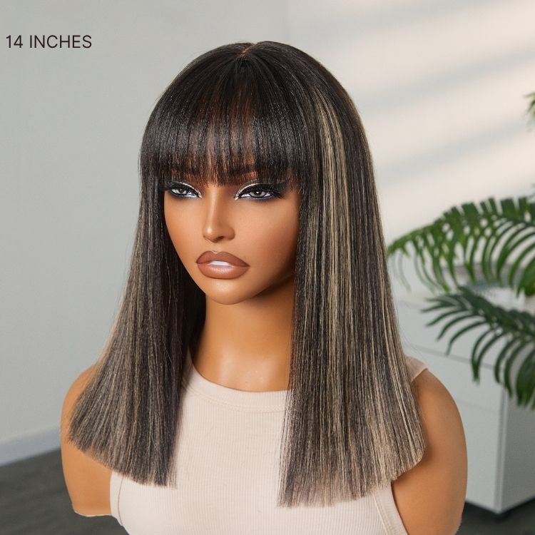 Put On and Go Blonde Highlight Yaki Straight Blunt Cut Bob Glueless Minimalist Lace Short Wig with Bangs