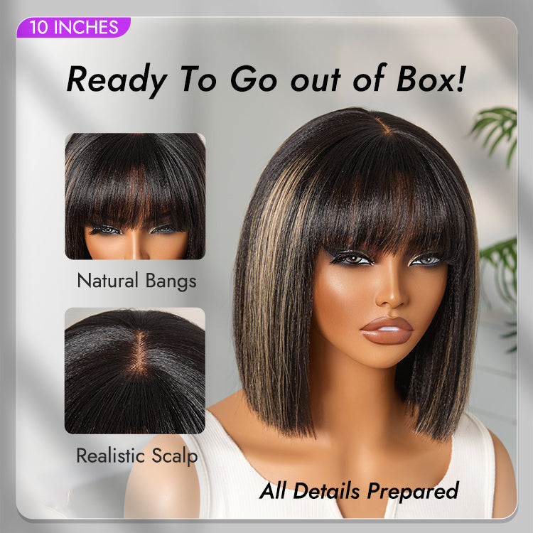 Put On and Go Blonde Highlight Yaki Straight Blunt Cut Bob Glueless Minimalist Lace Short Wig with Bangs