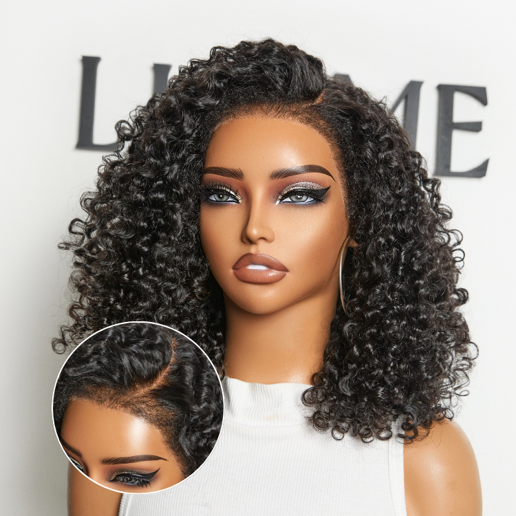 180% Density 4C Kinky Edges Jet Black Burmese Curly Glueless Ear-to-ear Wide T Pre-Cut Lace Front Wig Flexi-Fit Drawstring Cap