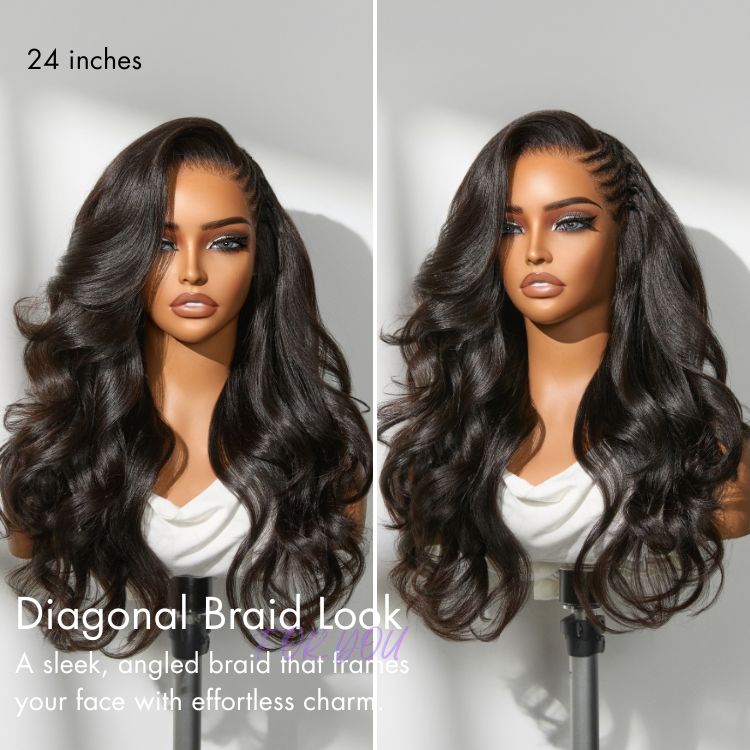 Readitress™ Side Braided Yaki Body Wave Glueless Ear-to-ear 13x6 Frontal HD Lace Wig Human Hair Flexi-Fit Drawstring Cap