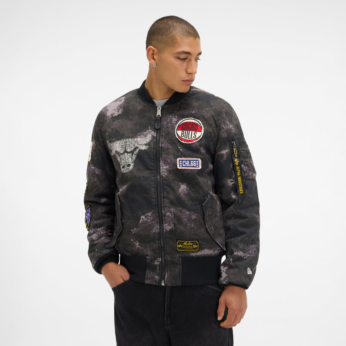 Alpha Industries x New York Knicks Black Camo MA-1 Bomber Jacket