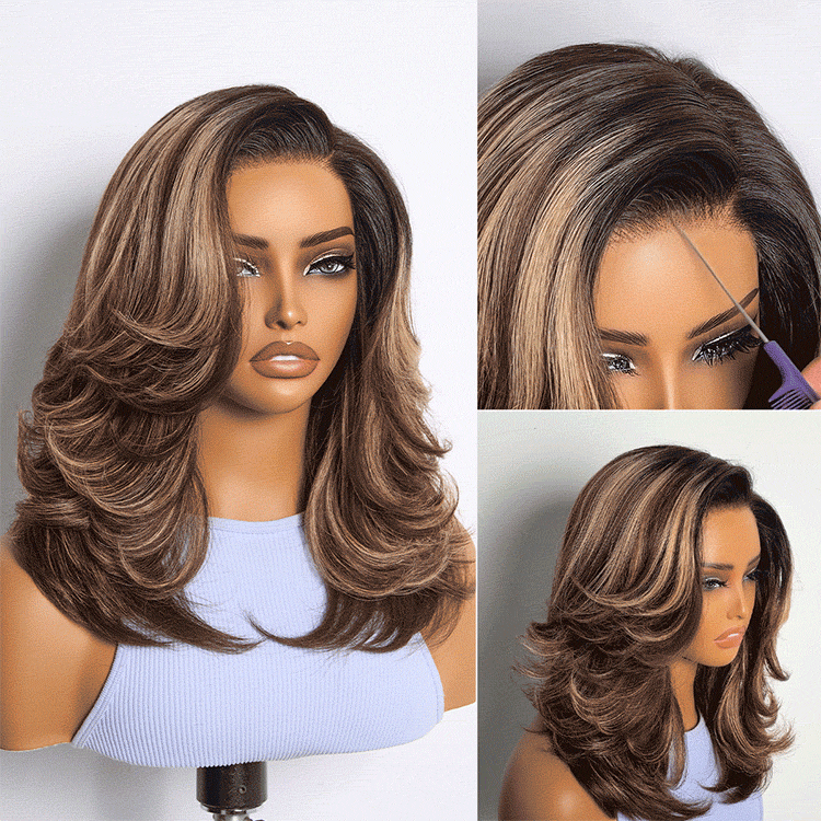 Caramel Brown Highlight Layered Haircut Wavy Glueless HD Minimalist Lace Wig Pre-Cut
