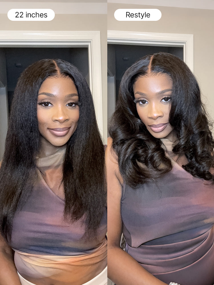 180% Density Light Kinky Straight Butterfly Cut Layered / Kinky Body Wave Glueless 7x6 Closure HD Lace Wig Pre-Cut Lace
